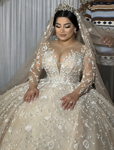 C2024-PSL993 - Robe de bal de mariage grande taille avec manches longues transparentes.