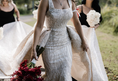 C2024-BG771 - open bustline beaded wedding gown with detachable ball gown skirt