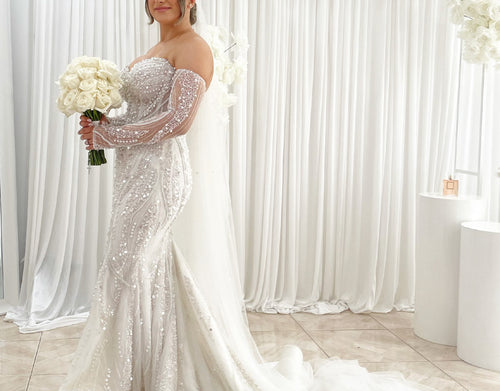 C2024-SLS659 - robe de mariée bustier perlée avec manches transparentes amovibles