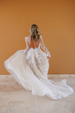 C2024-LS75V - Sheer long sleeve wedding gown with deep v-neck and a-line style skirt