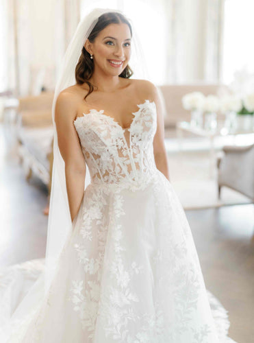 C2024-SA54 - Vestido de novia estilo corsé sin tirantes con falda de encaje corte A