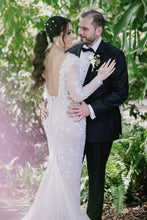 C2024-LSV73 - embellished long sleeve wedding gown with deep sheer v-neck bustline