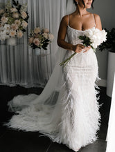 C2024-FF302 - fitted wedding gown with beading, feathers and spaghetti shoulder strap