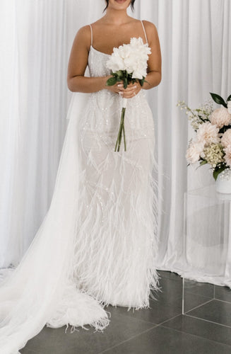 C2024-FF302 - fitted wedding gown with beading, feathers and spaghetti shoulder strap