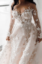 C2024-LSA87 - sheer long sleeve a-line wedding gown with illusion neckline