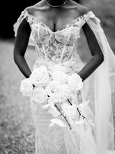 C2024-FS202 - Fitted off the Shoulder wedding gown with sheer nude panels & shoulder shawl
