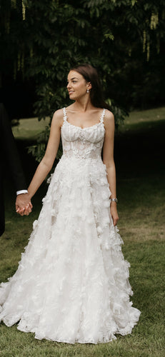 C2024-AL77b - a-line wedding gown with 3D flower embellishments and thin shoulder straps