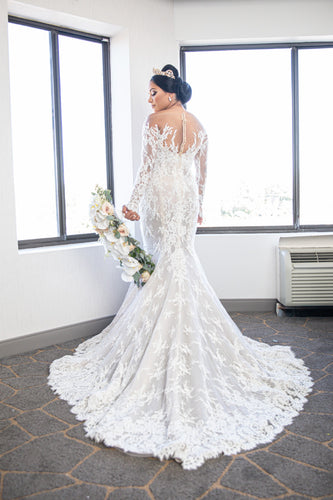 C2024-LSL72 - Beaded Lace wedding gown with sheer long sleeves and illusion neckline