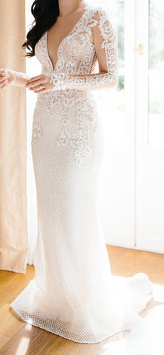 C2024-GLs71 - Beaded Long Sleeve Lace Embroidery Wedding Gown with deep sexy v-neck line