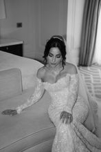 C2024-LDG88 - off the shoulder long sleeve beaded lace wedding gown