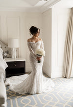 C2024-LDG88 - off the shoulder long sleeve beaded lace wedding gown