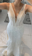 C2024-NAL501 - sleeveless deep v-neck beaded wedding dress with chapel train