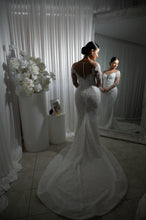 C2024-LDB77 - illusion off the shoulder beaded wedding gown with long sheer sleeve