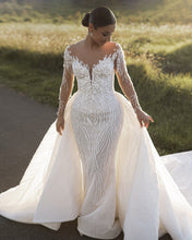 C2024-LDB77 - illusion off the shoulder beaded wedding gown with long sheer sleeve