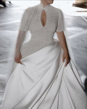 C2024-SSB42 - Beaded Short Sleeve Ball Gown Wedding Dress with collar and satin over skirt