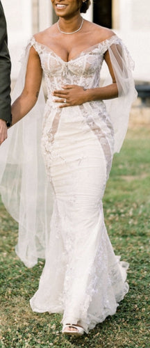 C2024-FS202 - Fitted off the Shoulder wedding gown with sheer nude panels & shoulder shawl
