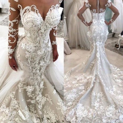 C2018-LS888 - Sheer Long Sleeve fit-to-flare wedding gown