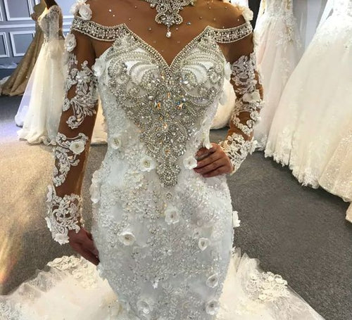 C2023-BLS419 - Robe de mariée transparente à manches longues et décolleté illusion avec cristaux swarovski