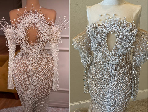 C2024-DChristian - pearl crystal beaded pageant evening gown with long sleeves inspired by Valdrin Sahiti