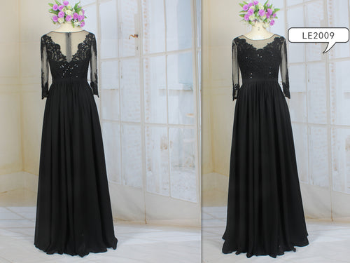LE2009 - robe de soirée formelle noire transparente à manches longues pour mère de la mariée
