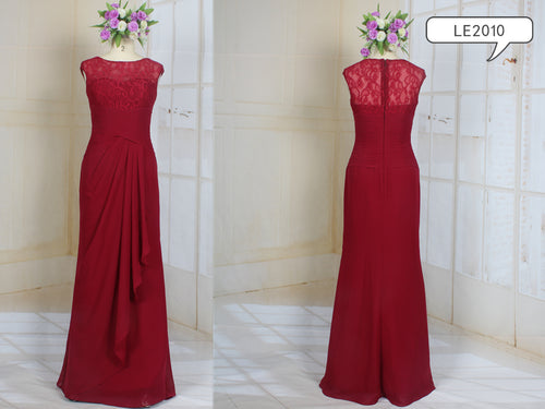 LE2010 - Vestido de noche para madre de la novia con cintura imperio de encaje rojo y manga corta