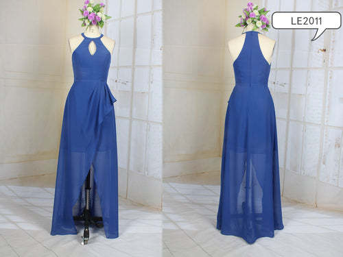 LE2011 - robe de soirée formelle licou bleue robe transparente