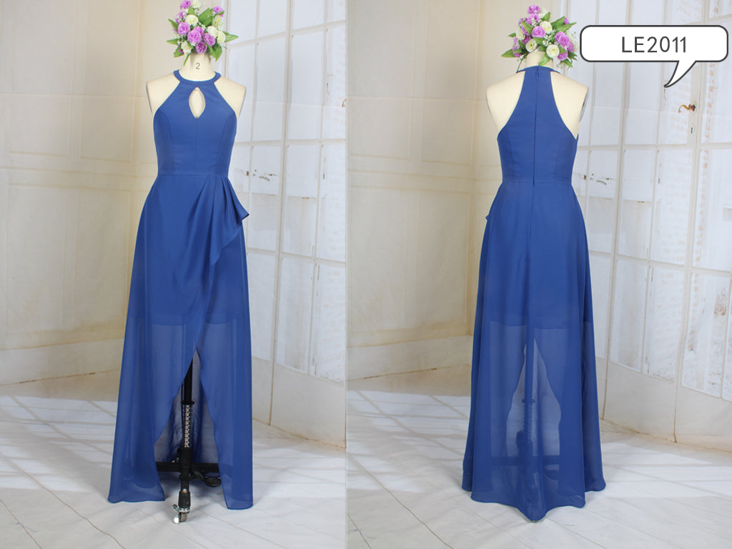 LE2011 - robe de soirée formelle licou bleue robe transparente