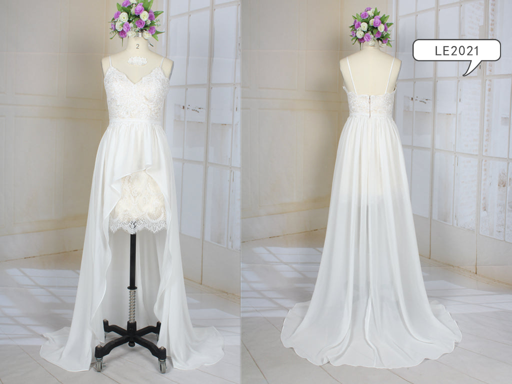 LE2021 - Vestido de novia formal alto-bajo de encaje con tirantes finos