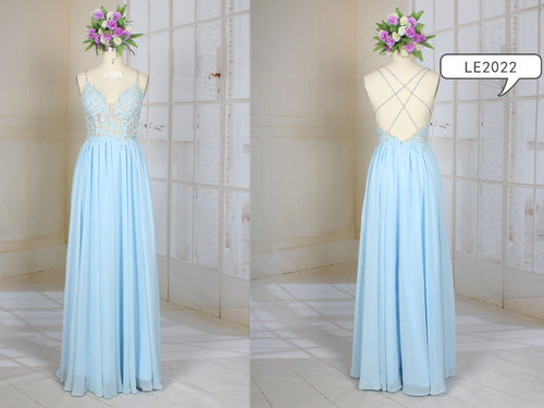 LE2022 - vestido de novia formal de gasa de encaje con cintura imperio azul pastel
