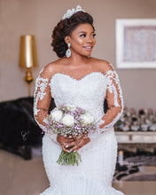 C2019-LSF19 - Sheer long sleeve fit-n-flare wedding gown for plus size bride with illusion neckline