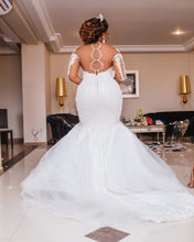 C2019-LSF19 - Sheer long sleeve fit-n-flare wedding gown for plus size bride with illusion neckline