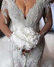 C2022-SLSB448 - Vestido de novia transparente de manga larga y talla grande con cristales Swarovski Bling