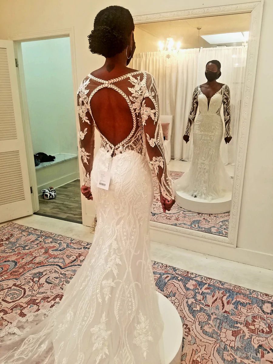 C2022-KB399 Vestido de novia transparente de manga larga con abertura en la espalda 