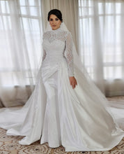 C2022-PLS887 Vestido de novia modesto de manga larga con cuentas de perlas y cola desmontable