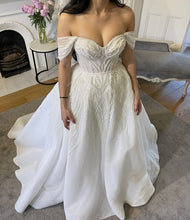 C2023-OS704 beaded off the shoulder fit-to-flare wedding gown with detachable train