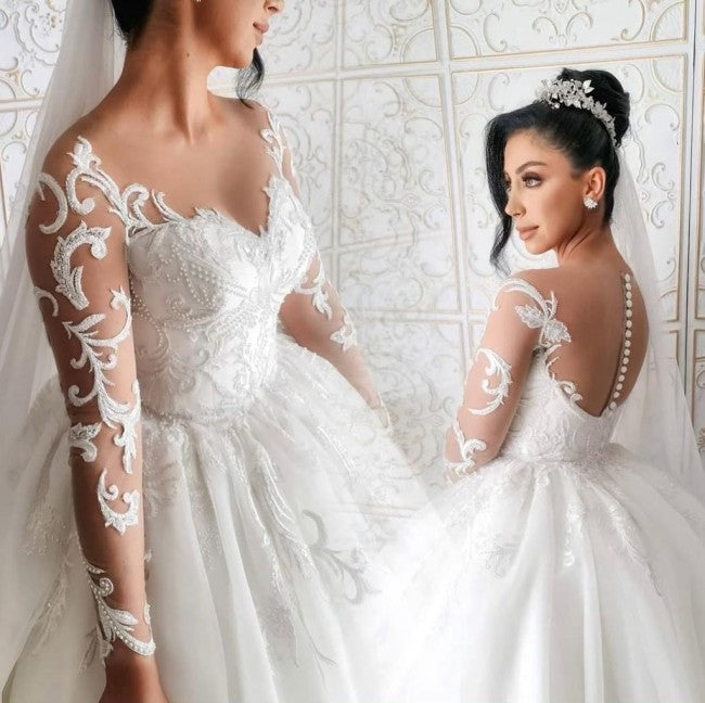 C2023-SLS224 - vestido de novia transparente de manga larga