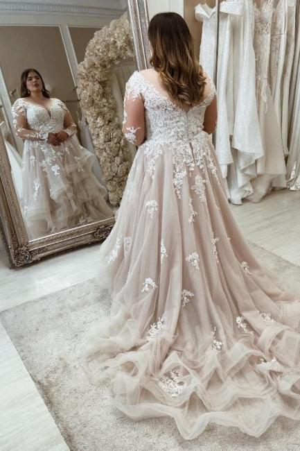C2021-aPS73 - Sheer long sleeve plus size wedding gown