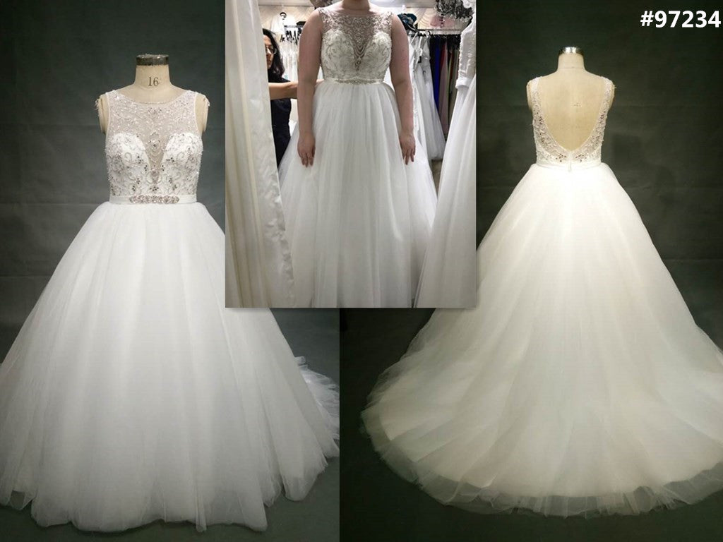 Style 97234 sleeveless plus size wedding gown replication with illusion neckline