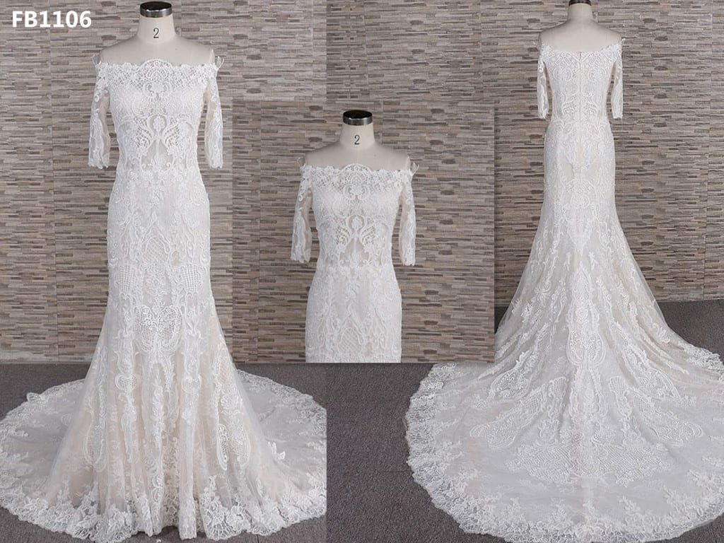 FB1106 - Off the shoulder 3/4 long sleeve lace wedding gown