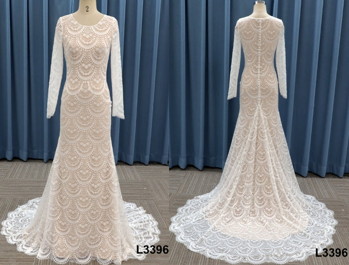 Estilo L3396 - Vestido de novia modesto de encaje y manga larga