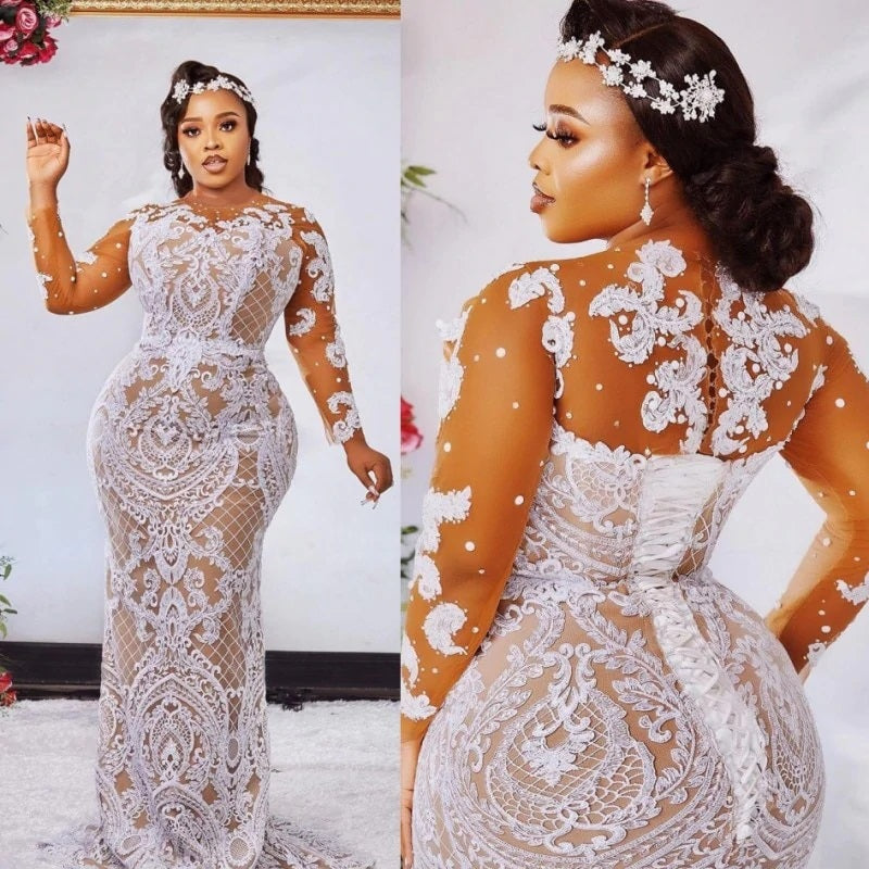 C2022-PL237  Plus Size sheer lace sleeve wedding gown