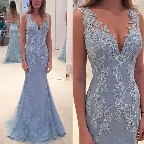 Robe de mariée sans manches en dentelle bleue douce avec une ligne de col en V 