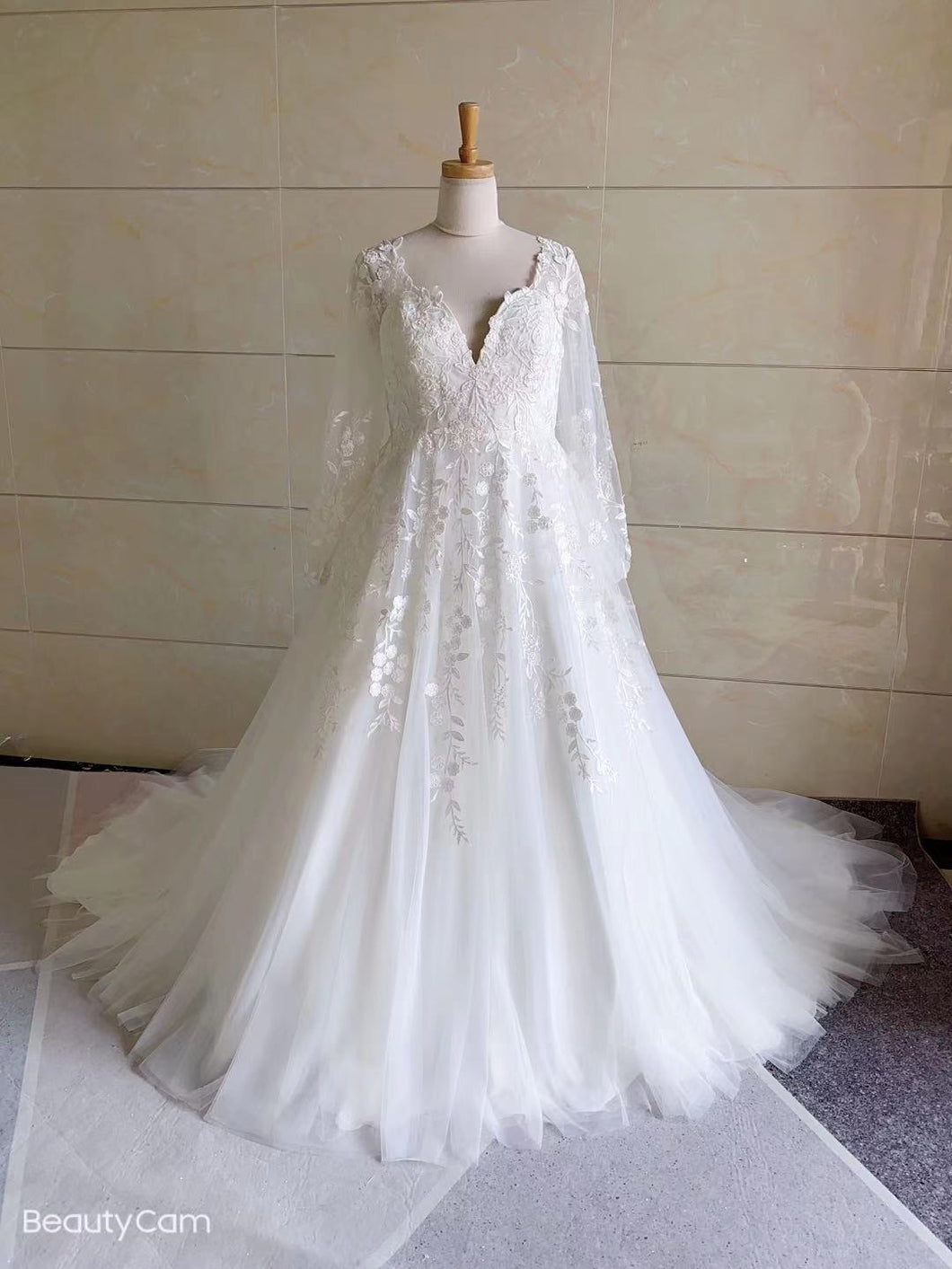 Plus Size long sleeve v-neck wedding gown